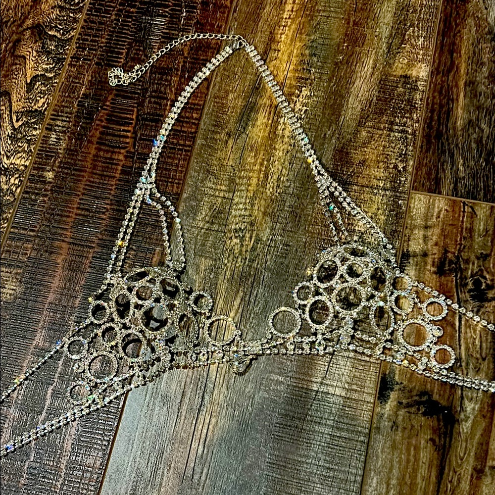 Rhinestone sparkly chain bra. One size but looks small. NWOT
